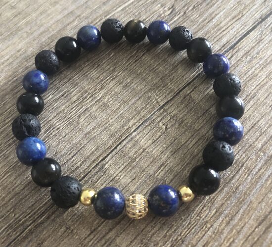 Aproce ar lazurītu, lavu un obsidiānu 8 mm bumbiņām