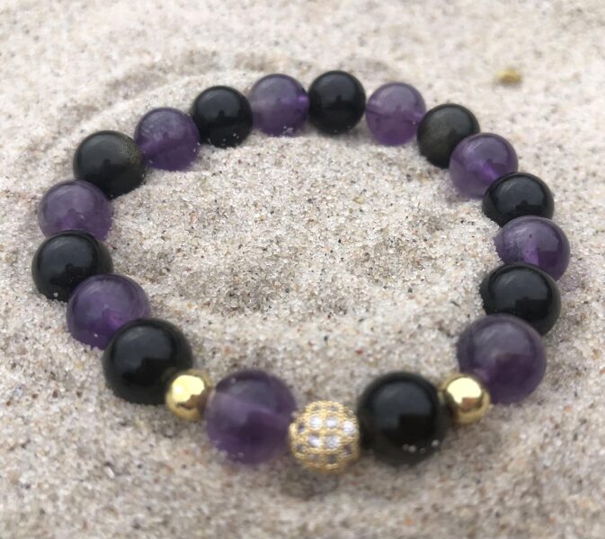 Ametista un Obsidiāna rokas rota 8 mm ar zelta cirkonu